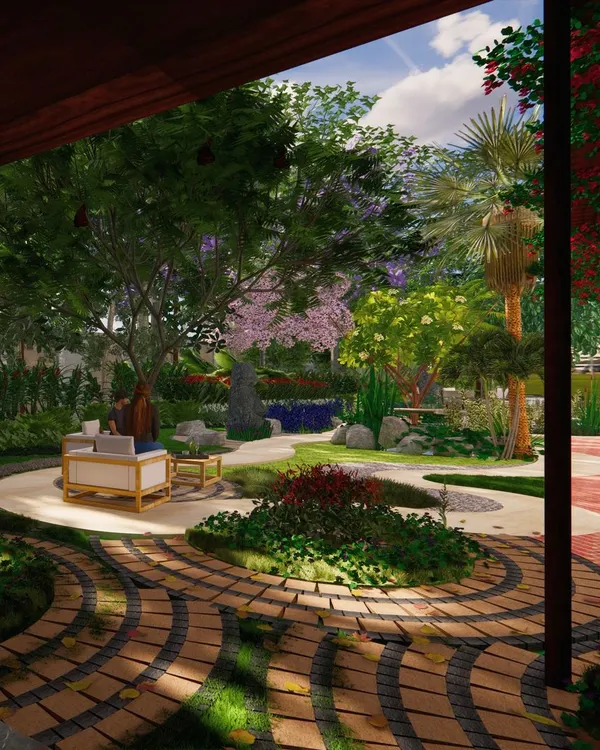 A render of a maximalist private garden, designed as a weekend getaway. This view from a shaded veranda shows a rich tapestry of flowering trees, intricate paving, and multiple seating areas for a young family to unwind.