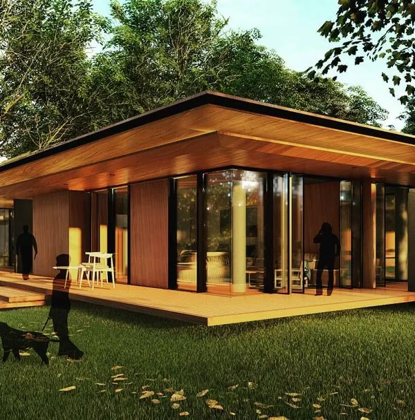 A 3D render of the Avadhani Estates farmhouse concept, designed with a large overhanging roof and glass walls to create a pavilion-like structure in nature.