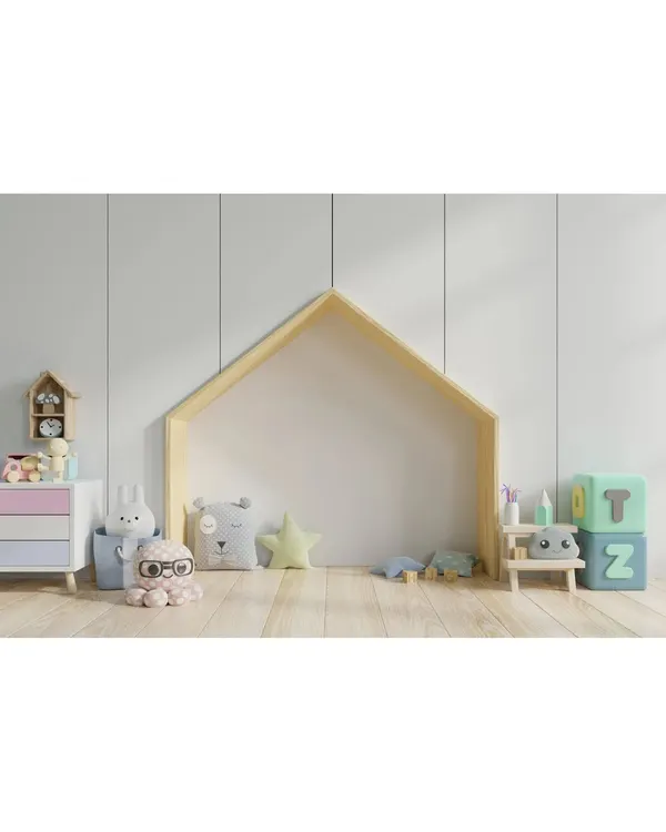 A minimalist and playful corner in a child's room. The house-shaped nook provides a perfect spot for reading and imaginative play, designed with safety and fun in mind.