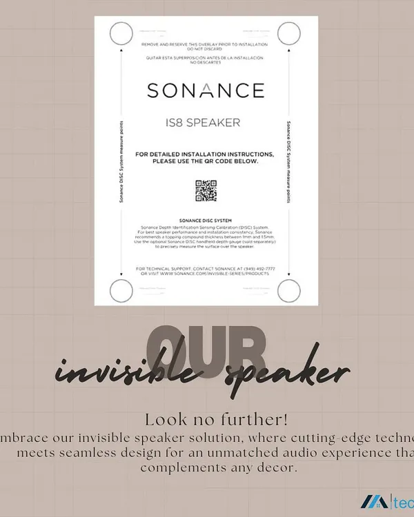 This graphic explains our invisible speaker solution from Sonance. The speaker is installed flush with the drywall and can be painted or finished over, making it completely disappear while delivering unmatched audio quality that seems to come from nowhere.