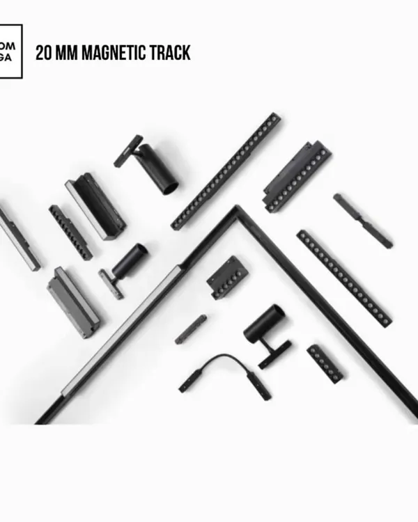 Our 20mm magnetic track system offers a complete collection of lighting tools for any need. This image showcases the variety of modules available, from spotlights to linear bars, all designed for easy, hassle-free installation.