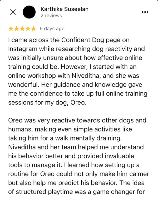 A heartwarming review from Oreo's mom, Karthika. She was initially skeptical about online training but saw wonderful results with Oreo's reactivity towards other dogs and humans.