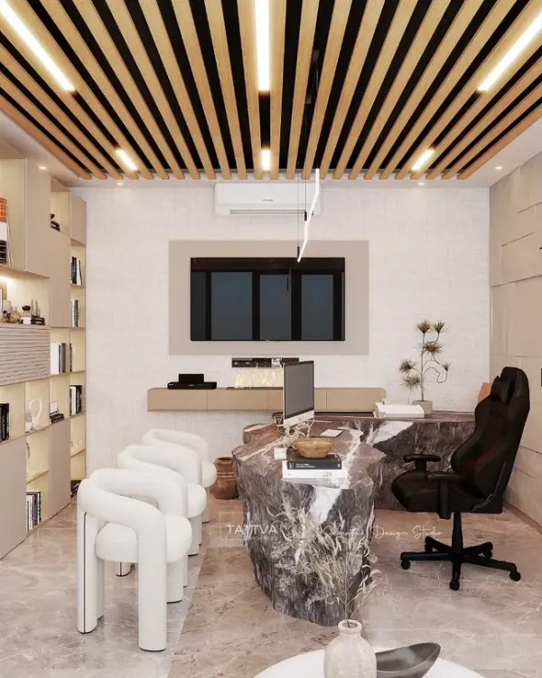A render of a modern, luxurious office reception or meeting space, featuring a unique stone desk, wood slat ceiling, and comfortable client seating.
