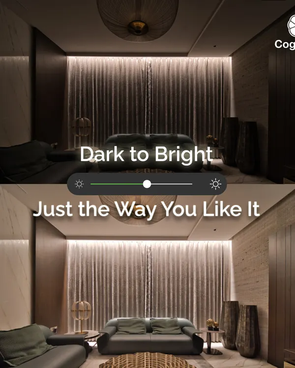 Go from dark to bright and every shade in between with our smart dimming solutions. This split-screen image shows how you can precisely control the light intensity in your living room to create the perfect mood.
