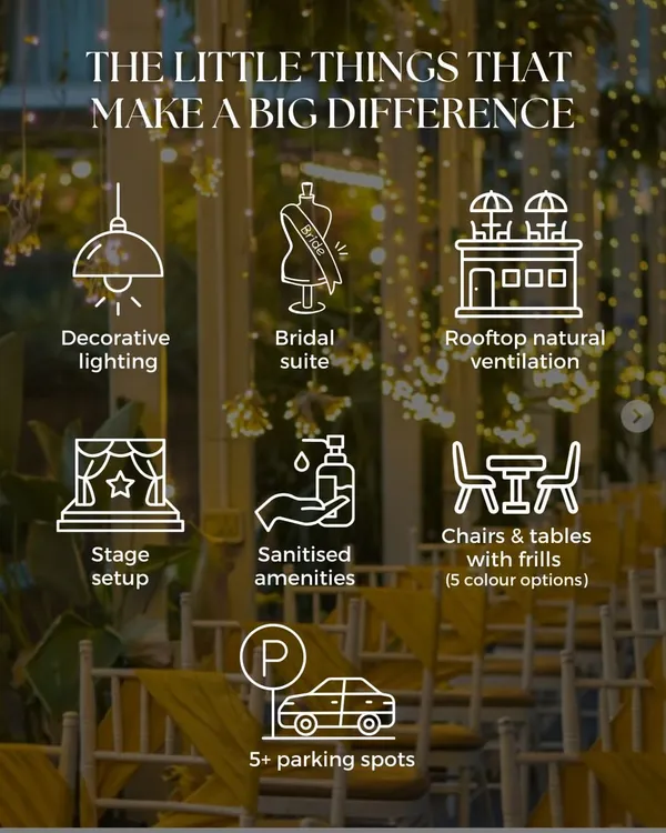 An overview of the little things that make a big difference: from decorative lighting and a bridal suite to sanitized amenities and parking.