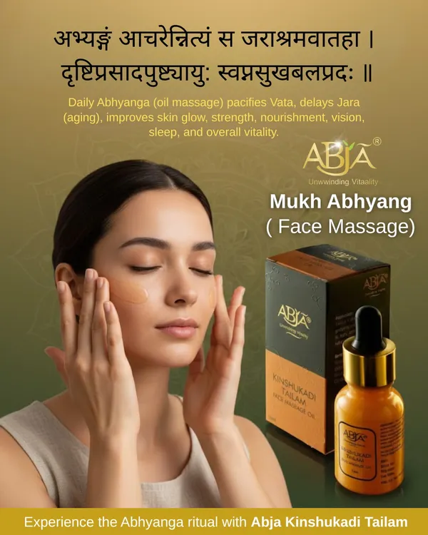 Experience the Ayurvedic ritual of Mukh Abhyanga (face massage) with my Kinshukadi Tailam. This daily practice helps pacify Vata, delay aging, and improve skin glow and vitality.