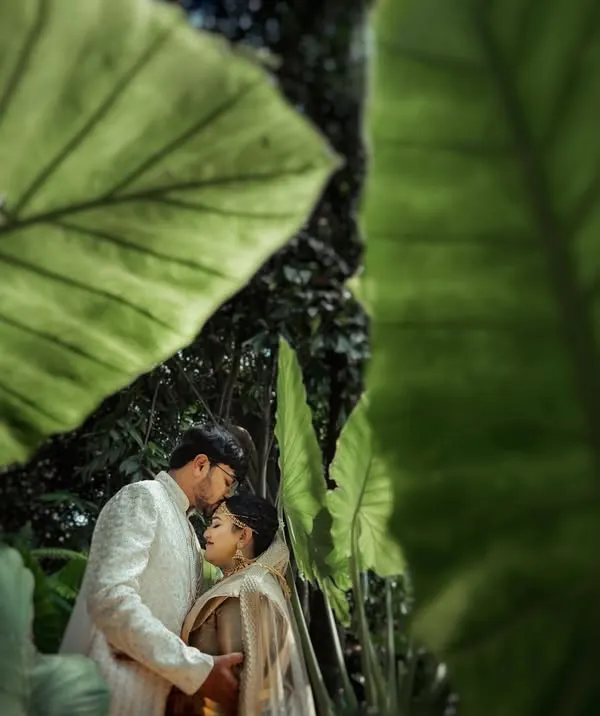 A tender moment stolen away from the crowd. I framed this shot with large tropical leaves to create a sense of a private, hidden world where it was just the two of them.