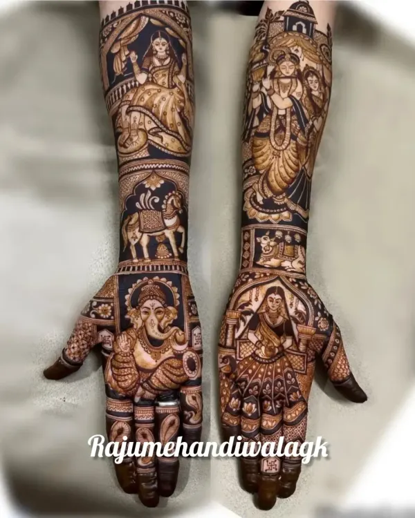 This design is full of divine blessings. It features a large Ganesha portrait on one palm, a bride on the other, and portraits of Radha-Krishna and another goddess on the arms.
