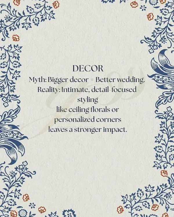 We believe that true impact comes from thoughtful details, not just scale. Our philosophy is that intimate, detail-focused styling like personalized corners and beautiful ceiling florals leaves a stronger, more lasting impression.
