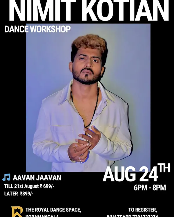 A poster for a workshop with the amazing Nimit Kotian. We regularly host top choreographers from across the country.