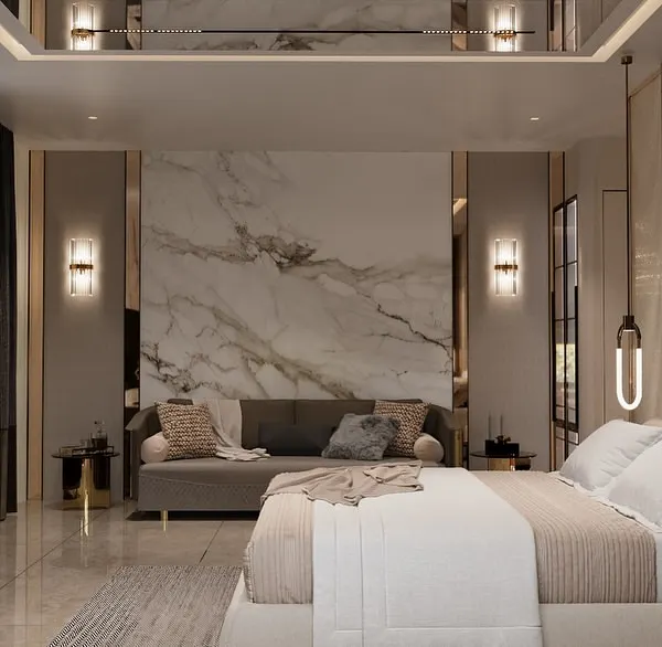 Another view of the 7500 sq. ft. master suite, where we executed the installation of marble wall panels and integrated wall sconces. The mirrored ceiling panels were also part of our scope, requiring careful handling and precise installation.