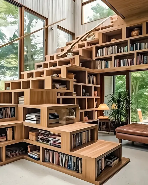 A truly unique design where the staircase itself is a library. Each step and riser is a bookshelf, creating a stunning and highly functional architectural feature in the home.