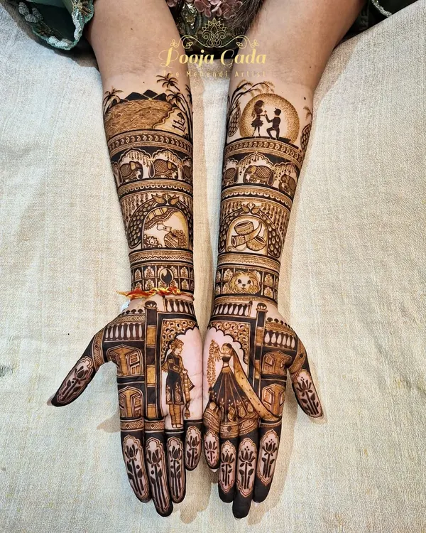 Your love story, beautifully illustrated on your hands. This custom design for a wonderful bride captures her entire journey, from a supermoon proposal and beach memories in Goa to their shared love for an adopted baby elephant. I begin every bridal project by sketching your story to ensure the final mehendi is a true reflection of you.