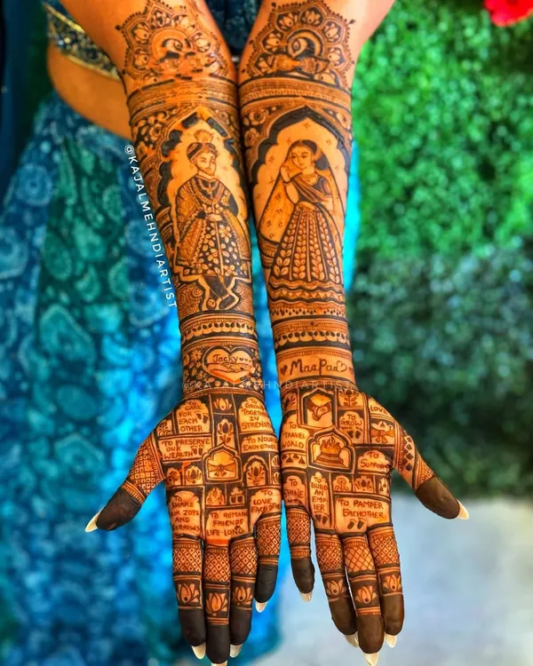 This is what I love to do: tell your complete story. This bridal henna features detailed portraits of the bride and groom, surrounded by intricate patterns and personal elements that celebrate their new beginning. It’s more than just mehndi, it’s a masterpiece for your biggest day.