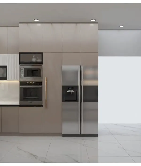 This 3D render shows a full wall of tall units, providing immense storage capacity. It seamlessly integrates a side-by-side refrigerator, a built-in oven and microwave, and additional pantry space.