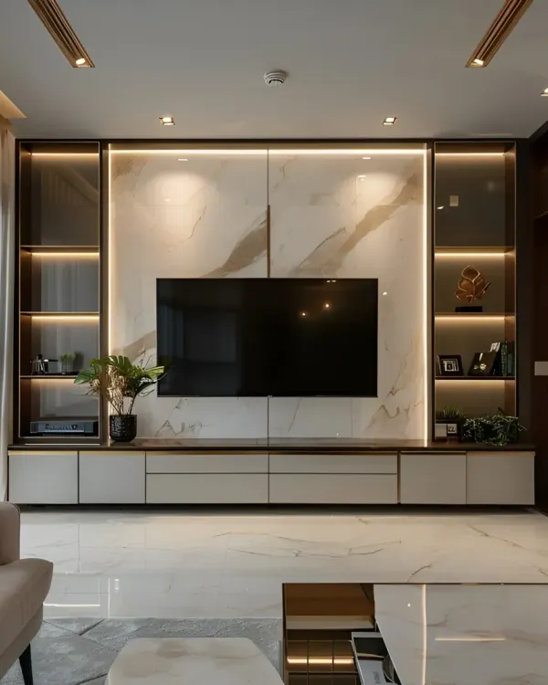 This luxurious living room is designed as the heart of the home, featuring a stunning marble-clad TV unit with integrated backlighting. The design combines sleek cabinetry for storage with elegant display shelves, creating a sophisticated and clutter-free entertainment hub.