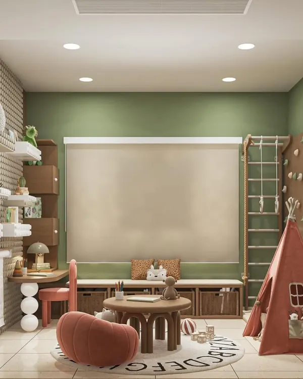 This is a full view of a children's playroom we designed to be a hub of creativity and fun. The space includes a desk for drawing, a bench with storage for toys, and a play area with a teepee, all rendered in a calming and cheerful color palette.