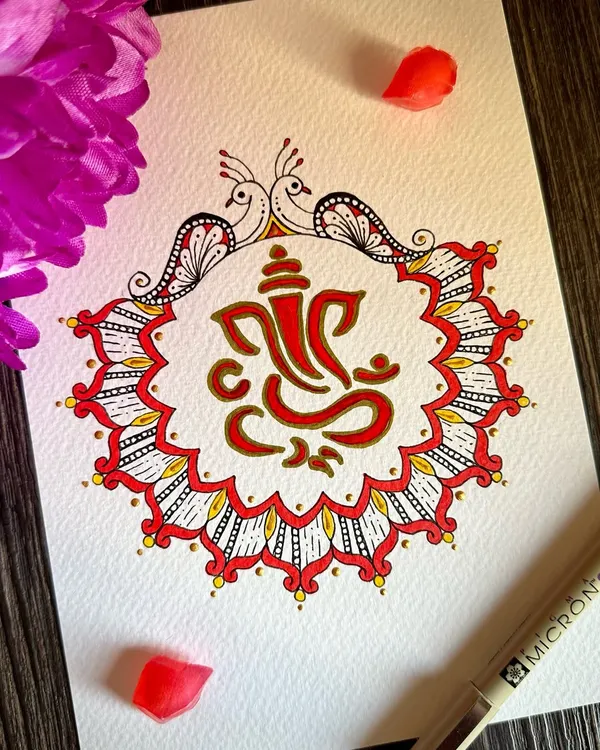 I started the year by creating this Ganesha mandala, a symbol of new beginnings. The design features Lord Ganesha surrounded by a decorative border with peacock motifs, all in auspicious red and yellow.