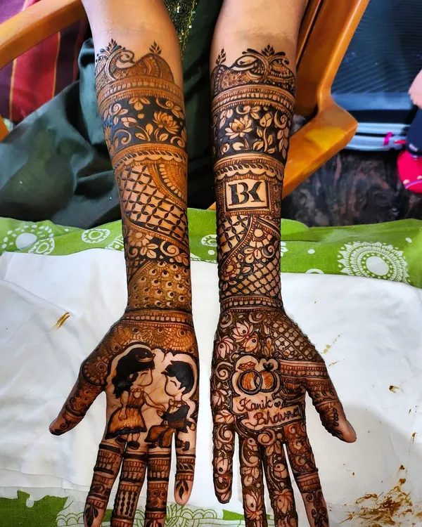 A truly personalized bridal design featuring a cute caricature of the couple, their names Kartik and Bhavna, and their initials BK. This is a wonderful way to tell your unique love story.