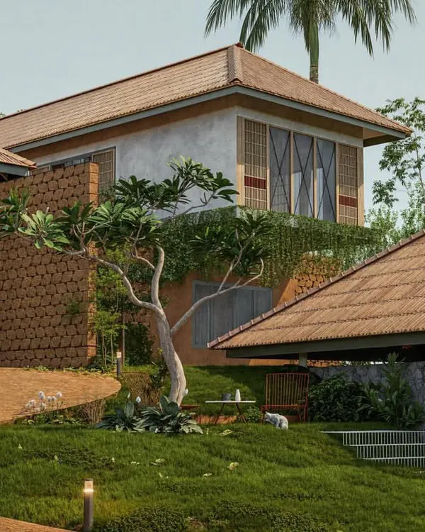 A rendering of 'The Walk', a conceptual residence in Palakkad that is thoughtfully shaped by the natural contours of the terrain.