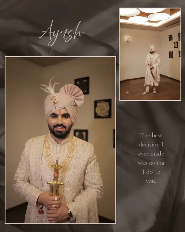 A stylish collage of the groom in his magnificent ivory sherwani. We capture both a detailed close-up and a full-length royal portrait.