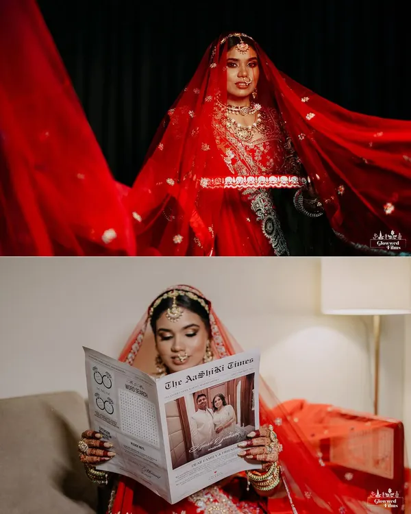 A creative bridal portrait of Sakshi, showing her reading a custom newspaper titled 'The Aashiki Times' with the couple's photo on it.