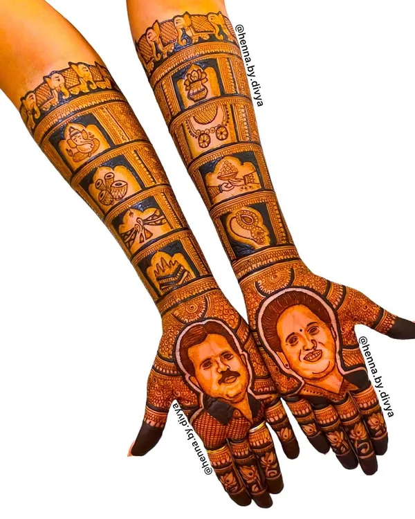 The ultimate personalization: this bride chose to honor her parents with detailed, hand-drawn portraits on her palms. It's a beautiful and emotional tribute for her wedding day.