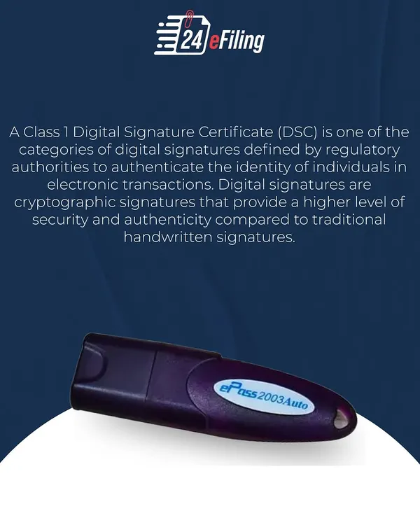 A Digital Signature Certificate (DSC) is a secure digital key used to authenticate your identity in electronic transactions. This USB token provides a much higher level of security than a handwritten signature for all your e-filing needs.