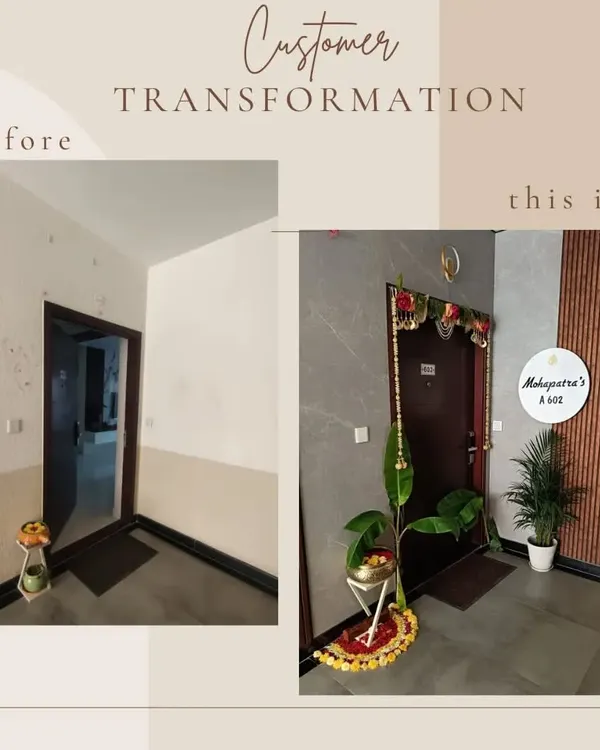 This is the kind of transformation I love. On the left is the plain original entrance, and on the right is the final look after my design and execution, creating a warm and welcoming entryway for the Mahapatra family.