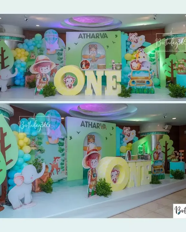 A roaring good time for Atharva's first birthday! We created a full jungle safari experience with friendly animal cutouts, a safari jeep, and lush green decor.