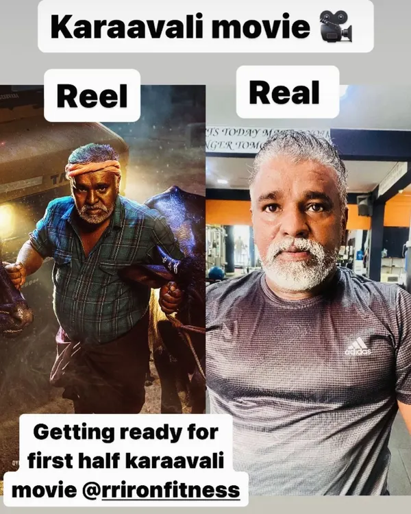 This is what true character preparation looks like. On the left, the 'Reel' look for the movie Karaavali, and on the right, the 'Real' work actor Mithra put in at my gym to achieve it. This is the result of a dedicated, role-specific fitness plan.
