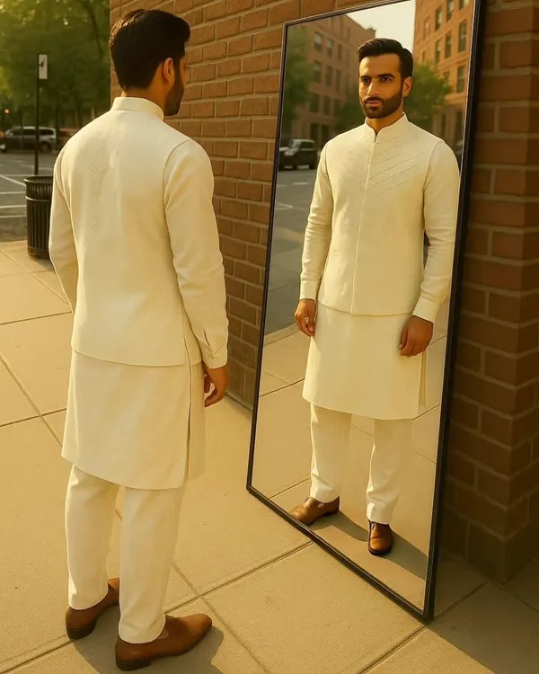 This is the feeling I aim for: when your reflection perfectly matches your confidence. This custom-tailored ivory kurta and jacket set is crafted from premium fabric, featuring subtle self-design embroidery for a look of pure, timeless elegance.