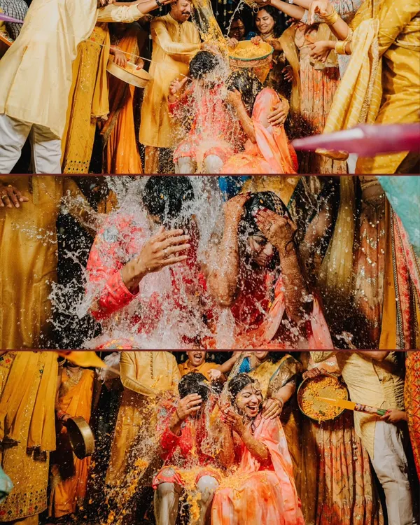 An explosion of color and water at Uhanjali and Abhi's Haldi. This collage captures the wild, joyful, and completely uninhibited fun of the celebration.