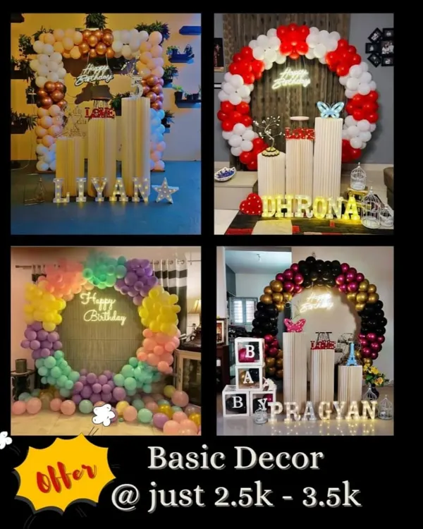 We offer basic decor packages that are both beautiful and affordable, starting from just 2.5k to 3.5k. This collage shows examples of our elegant circular balloon setups perfect for home celebrations.
