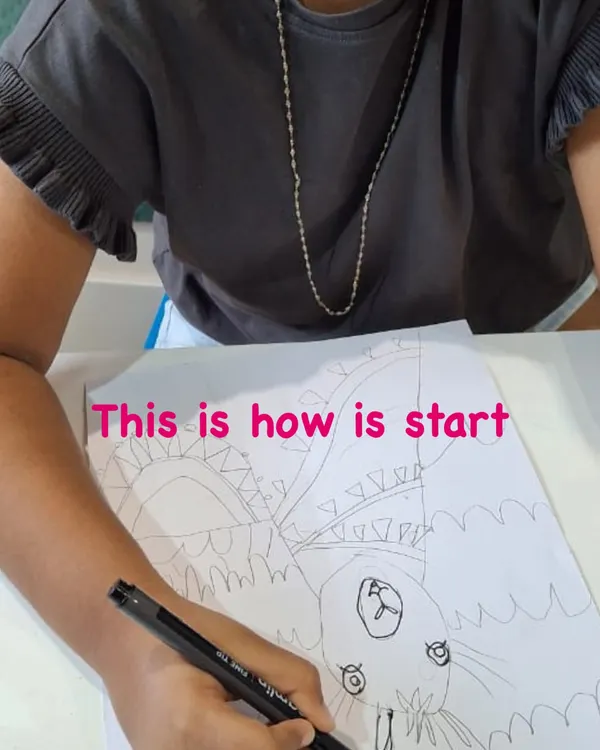 Every great artwork begins with the first line. Here, a student starts sketching the basic shapes of a festive llama, following our guided, step-by-step process.