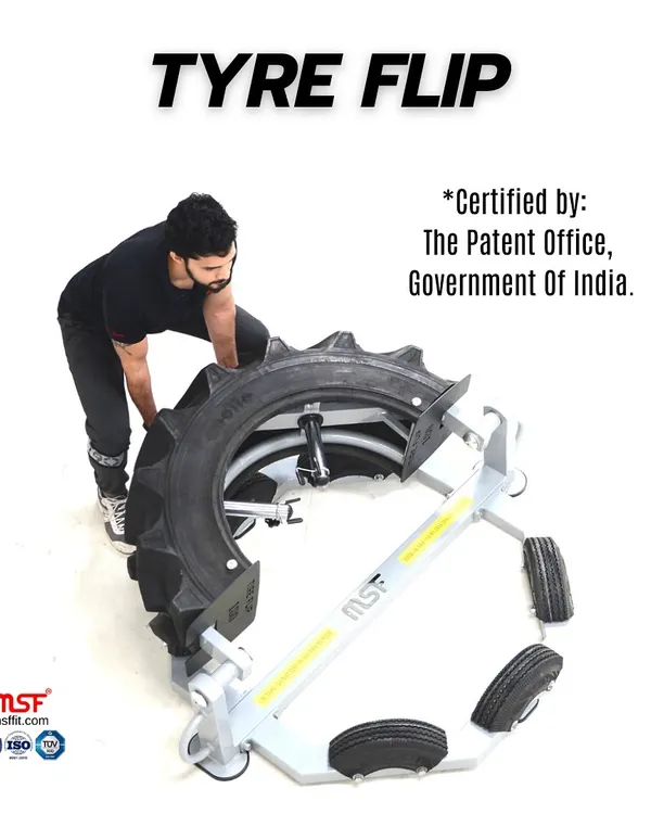 Our patented Tyre Flip machine, certified by the Government of India. This innovative equipment offers a safe and space-efficient way to perform tyre flips, a classic strongman exercise for building full-body power.