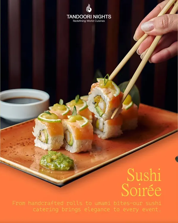 A Sushi Soirée for your event. From handcrafted rolls to umami bites, our sushi catering brings a touch of Japanese elegance and sophistication, featuring fresh salmon and avocado rolls with a zesty topping.