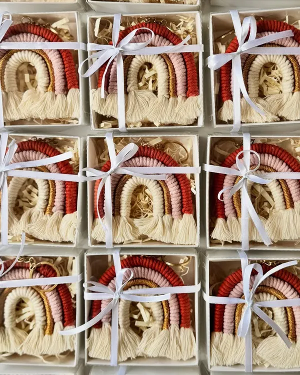 These beautiful rainbow macrame keychains are one of my bestsellers for party favors. Each one is handmade and comes perfectly packaged in its own box, ready to gift to your guests for birthdays, baby showers, or any happy occasion.