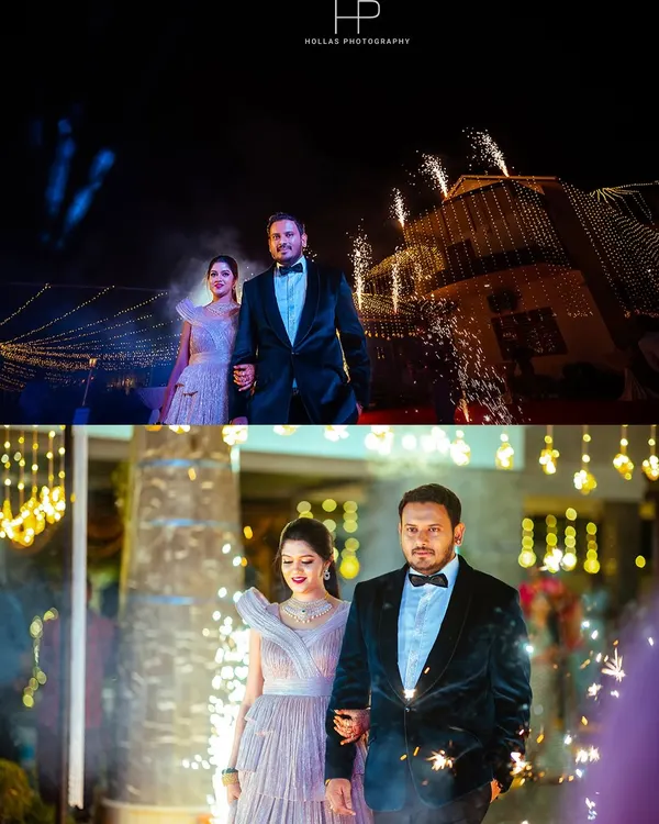 The couple makes a spectacular entrance to their cocktail celebration, surrounded by sparklers. I capture these high-energy moments to reflect the excitement and glamour of the evening.