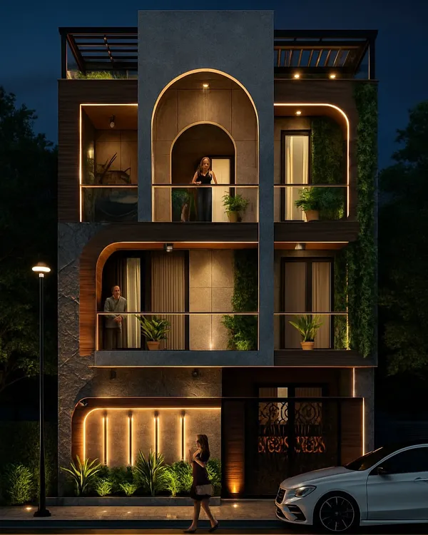 A 3D visualization of a home in Godrej Retreat, Faridabad. The design emphasizes warm, layered lighting to create an inviting and luxurious feel after dark, highlighting the architectural details and greenery.