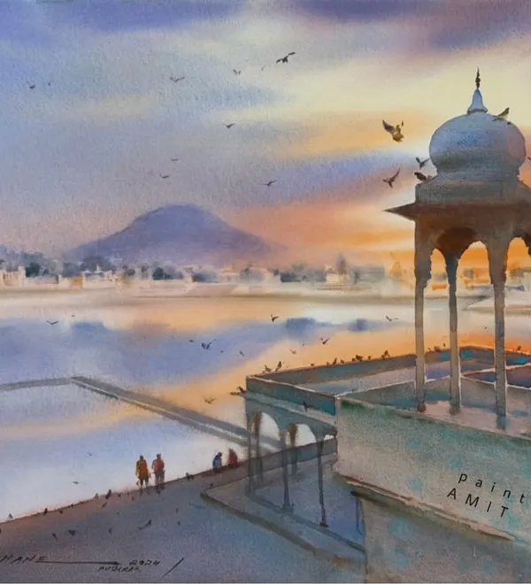 The serene Pushkar ghat at sunset, painted on location. My goal was to capture the warm light and the peaceful atmosphere of the evening.
