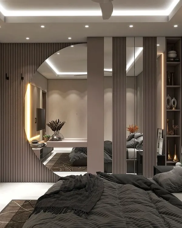 A 3D render of a high-end master bedroom concept. The design uses a mix of fluted panels and large mirrors to create a sense of space and luxury.