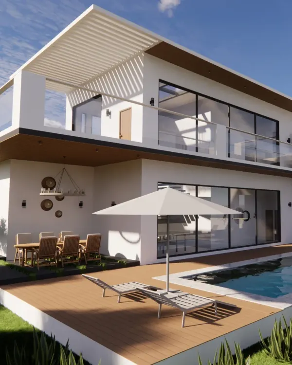 We designed this contemporary villa to offer panoramic views and a seamless connection to the outdoors. The design features an expansive pool deck, large glass walls, and open living spaces, creating a perfect blend of modern luxury and natural tranquility.