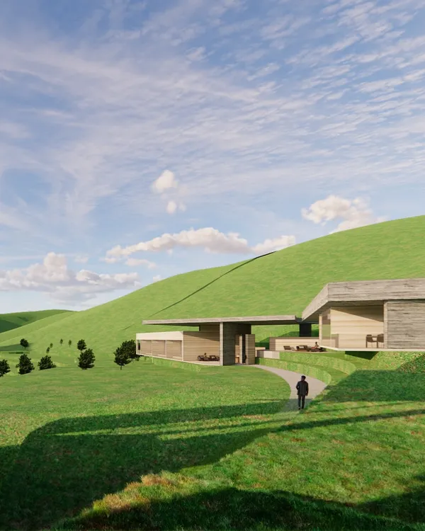 This render for a retreat in Almora captures my core belief: architecture should not dominate the landscape, but become part of it. Here, two blocks of rammed earth are united by a single roof, creating an informal space that respects the scale of the mountains.