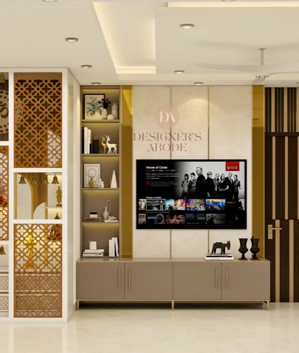This is how I blend spiritual harmony with contemporary living. This design shows a living area where the Mandir is not an afterthought, but a beautiful, integrated feature alongside the TV unit. My goal is to create a home that balances energy and modern functionality, ensuring your space feels both sacred and stylish.