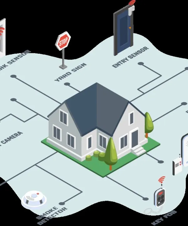 This illustration provides a clear overview of a complete home security setup. We strategically place devices like glass break sensors, entry sensors, security cameras, and smoke detectors, all connected to a central system for total protection.