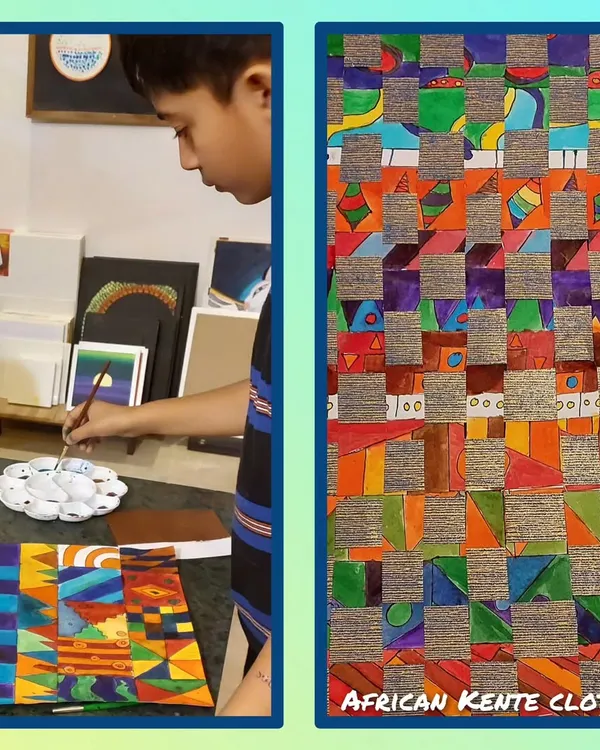 Our "Project Africa" is an educational journey into the continent's amazing art. Here, a student works on a woven paper project inspired by the geometric patterns of African Kente cloth.