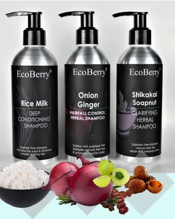 Tired of hair concerns? We have three shampoos for you: Rice Milk for deep conditioning, Onion Ginger for hair fall control, and Shikakai Soapnut for clarifying. All are toxin-free and handmade.