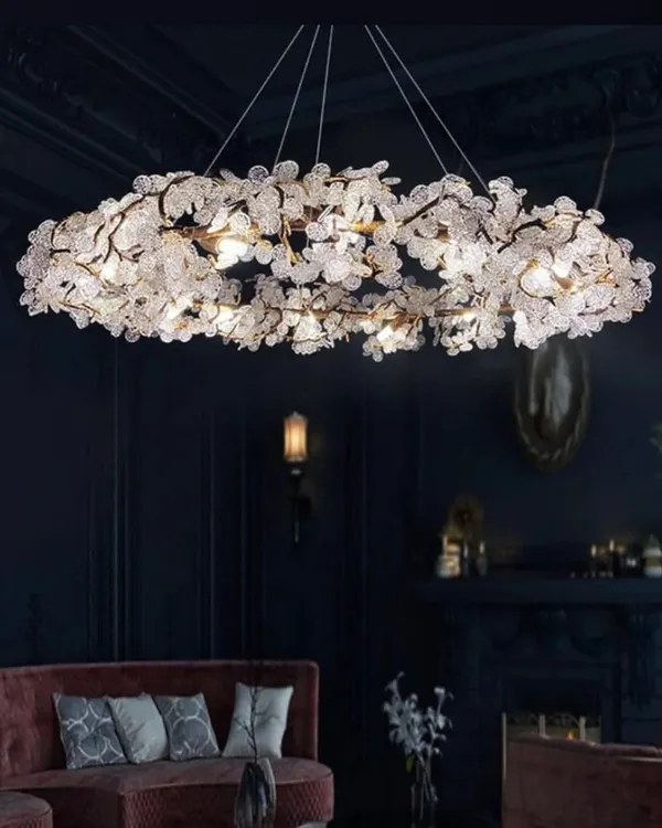 A breathtaking floral-inspired chandelier, creating a canopy of light. This piece is perfect for a grand living or dining area with its intricate design and warm illumination.