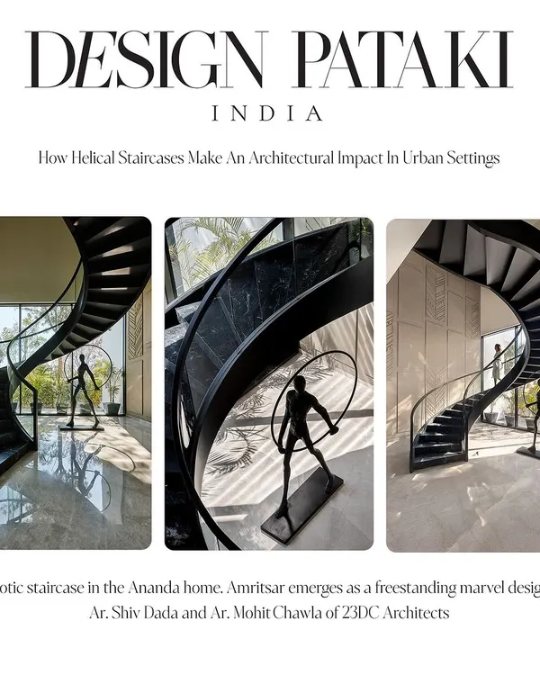 Our hypnotic helical staircase in the Ananda home was featured in Design Pataki for its architectural impact. It emerges as a freestanding marvel, with its dark, ribbon-like form creating a powerful sculptural statement against the light-filled space.